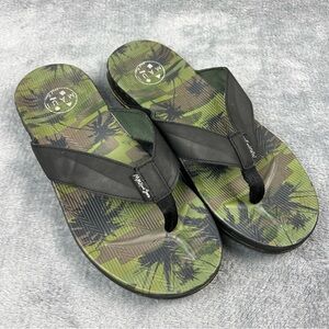 Maui and Sons Men's Size 10 Flip Flops Hawaiian Palm Tree Print Green Black